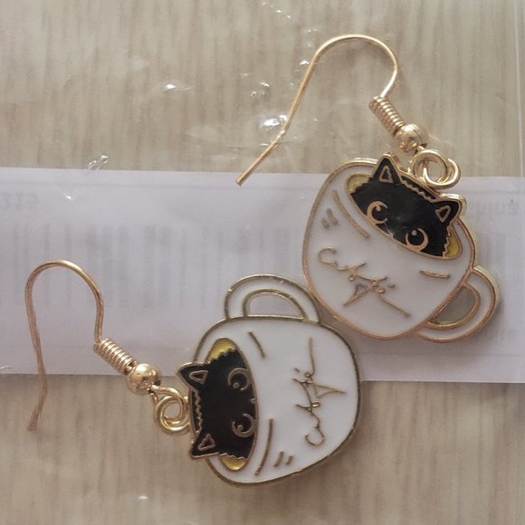 Kitty Earrings - Black Cat in Coffee Cup - Picture 2 of 2